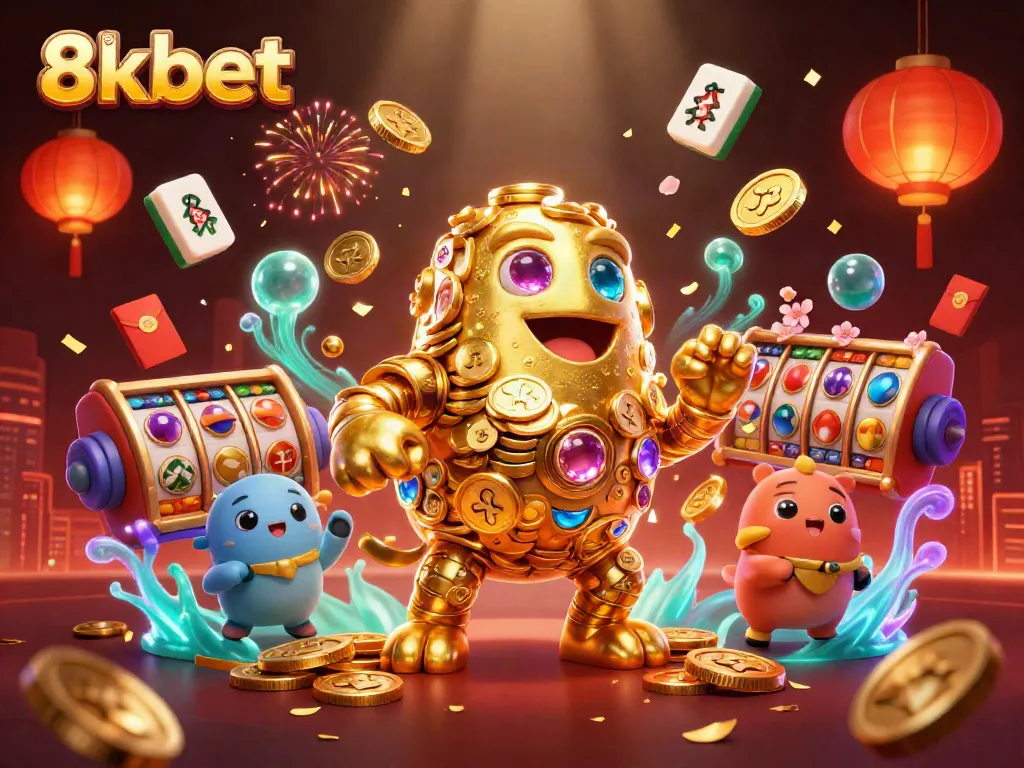 Engage in exciting slots action with 8xbet, featuring a golden golem and vibrant gambling elements.