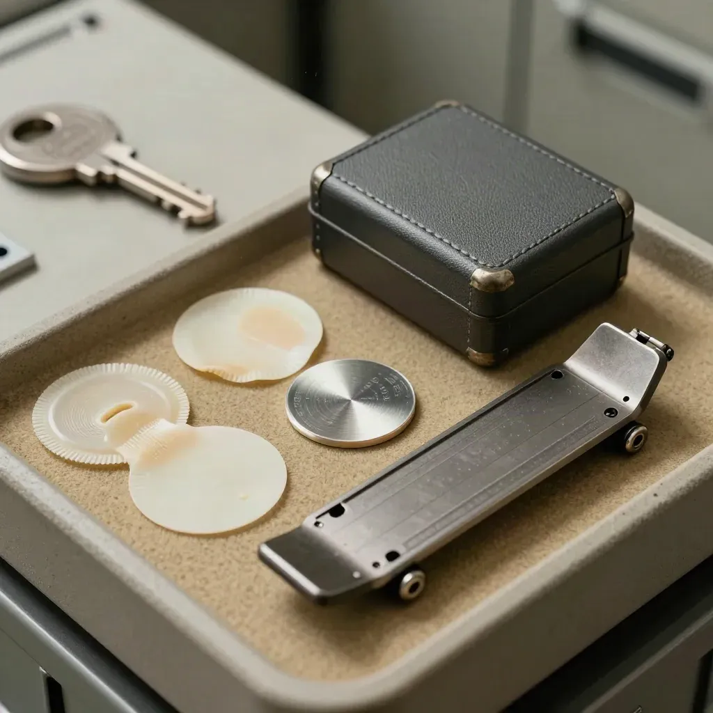 Audit-kit med plomber, checksum-token, inspektionsetui och litet diskfäste på verkbänk.