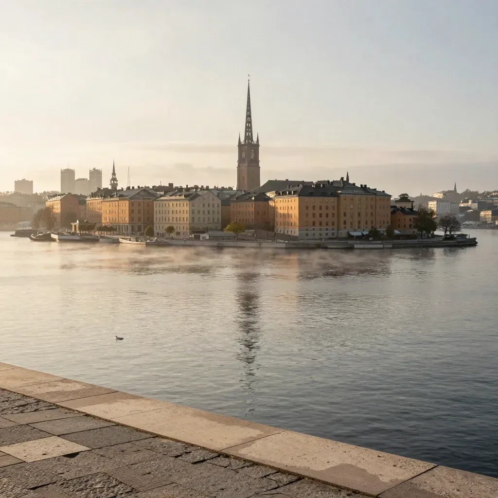 Stockholms skyline i morgondimma över vatten och öar, med ljus stenpir i förgrunden.