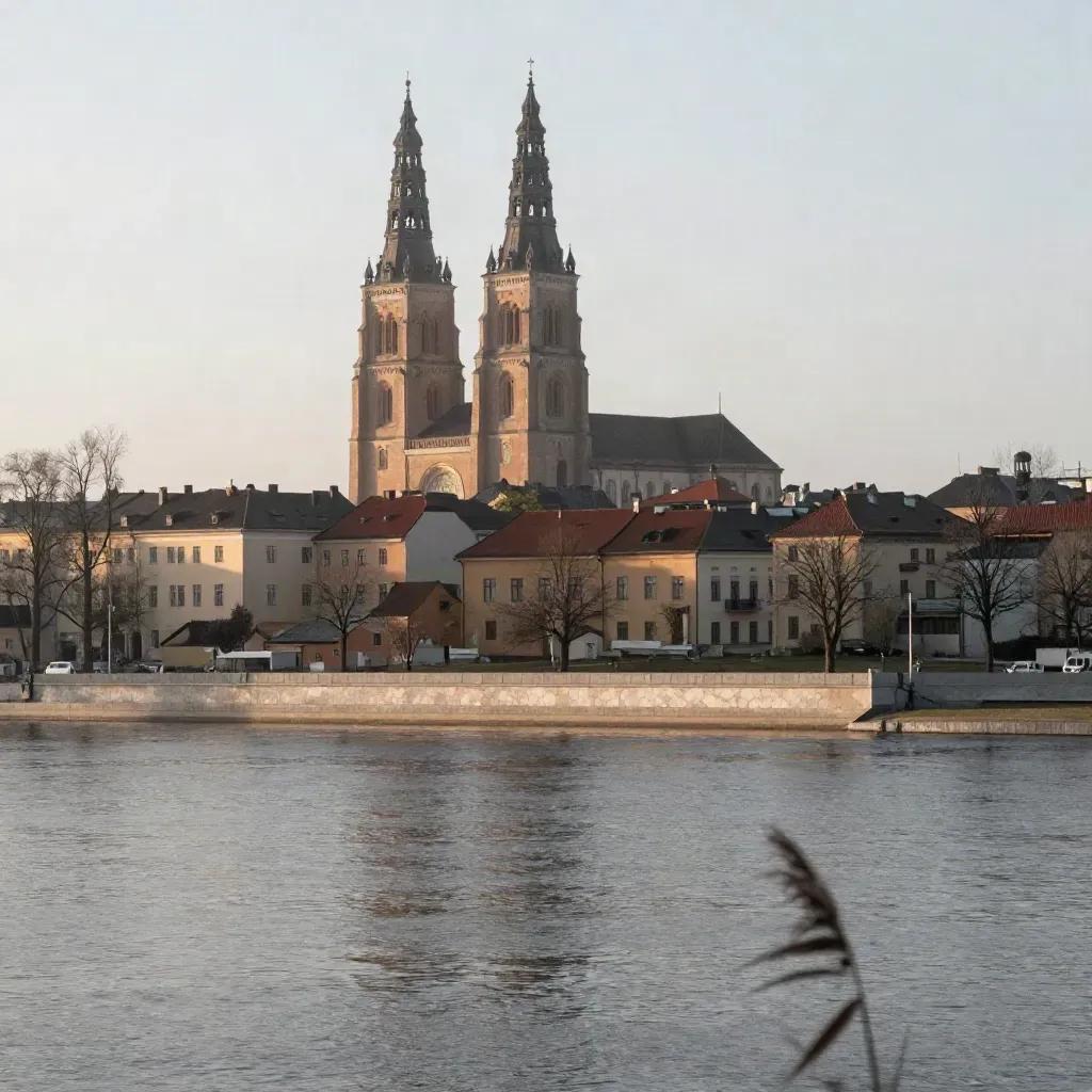 Uppsala domkyrkas torn över dimmig Fyrisån och gamla tak i mjukt morgonljus.