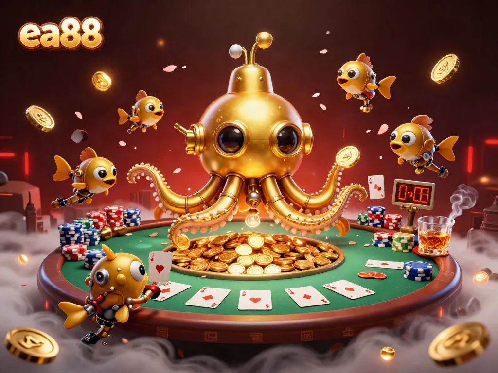 Experience the thrill of ea88 with a golden kraken submarine amidst coins and poker elements.