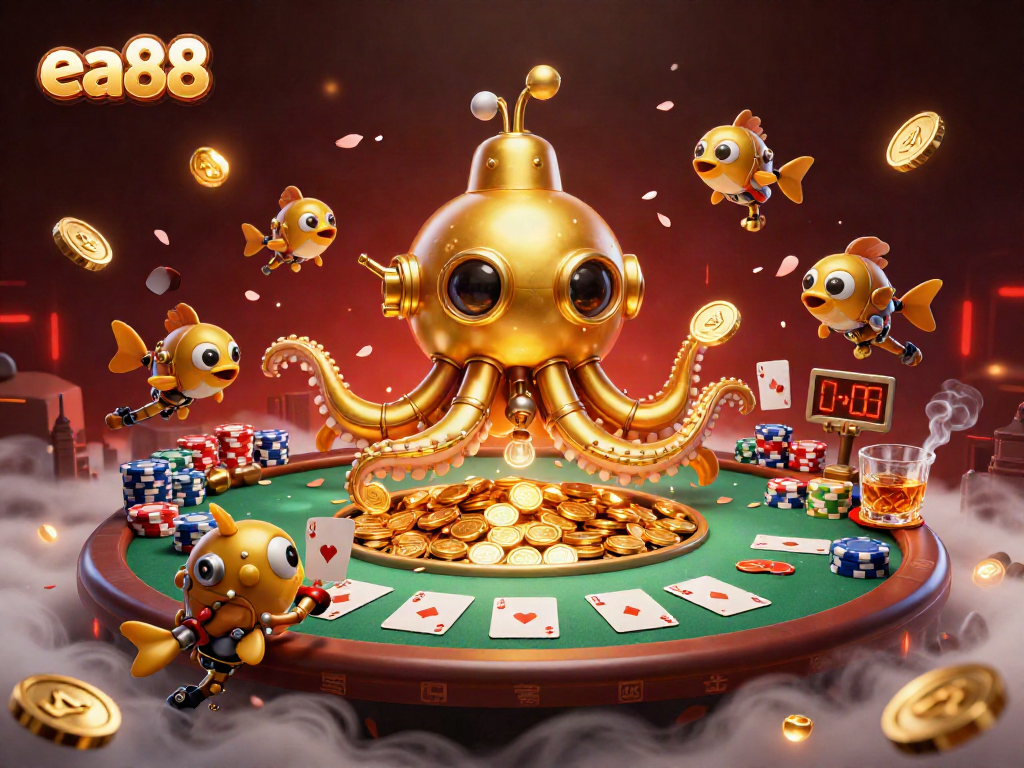 Experience the thrill of ea88 with a golden kraken submarine amidst coins and poker elements.